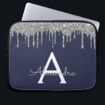Navy Blue Silver Glitter Sparkle Monogram Laptop Sleeve<br><div class="desc">Navy Blue and Silver Faux Dripping Modern and Elegant Girly Glitter and Sparkle Elegant Monogram Case. This case can be customised to include your initial and first name.</div>