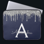 Navy Blue Silver Glitter Sparkle Monogram Laptop Sleeve<br><div class="desc">Navy Blue and Silver Faux Dripping Modern and Elegant Girly Glitter and Sparkle Elegant Monogram Case. This case can be customised to include your initial and first name.</div>