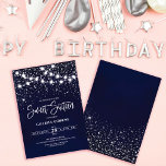 Navy Blue Silver Glitter Sparkles Lights Sweet 16 Invitation<br><div class="desc">This majestic and glamourous sweet sixteen birthday party invitation is perfect for the girly girl. It features glowing hanging light strands on top of faux printed silver sparkly glitter confetti on a navy blue abstract background inspired by stars in the night sky. It's pretty, chic, modern, trendy, and cool; the...</div>