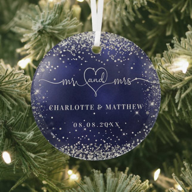 Navy blue silver glitter sparkles newly weds glass tree decoration (Insitu)