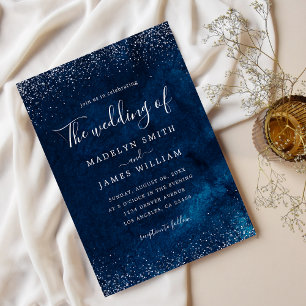 Navy Blue Silver Glitter Starry Night Wedding Invitation