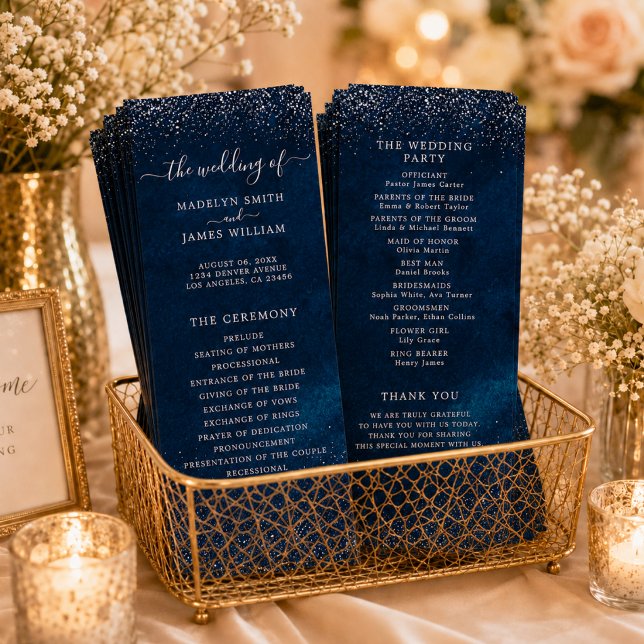 Navy Blue Silver Glitter Starry Night Wedding Program (Creator Uploaded)