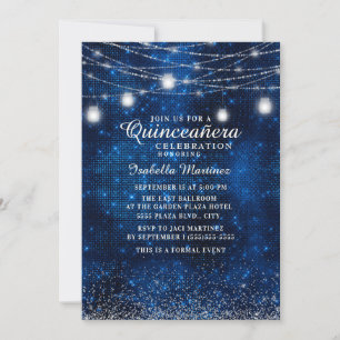 Navy Blue Silver Glitter String Light Quinceañera Invitation