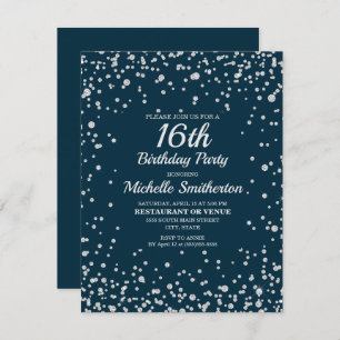 Navy Blue Silver Glitter Sweet 16 Birthday Card