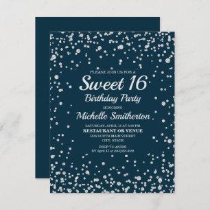 Navy Blue Silver Glitter Sweet 16 Birthday Card