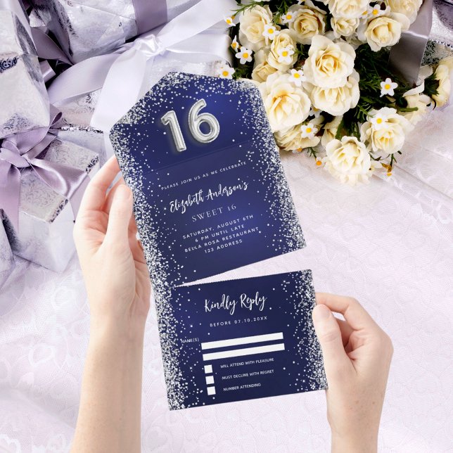 Navy blue silver glitter Sweet 16 rsvp All In One Invitation (Creator Uploaded)