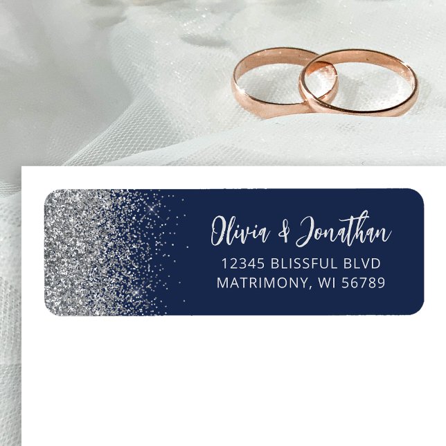 Navy Blue Silver Glitter Wedding Address Return Address Label (Creator Uploaded)