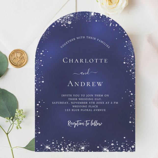 Navy blue silver glitter wedding arch invitation (Creator Uploaded)