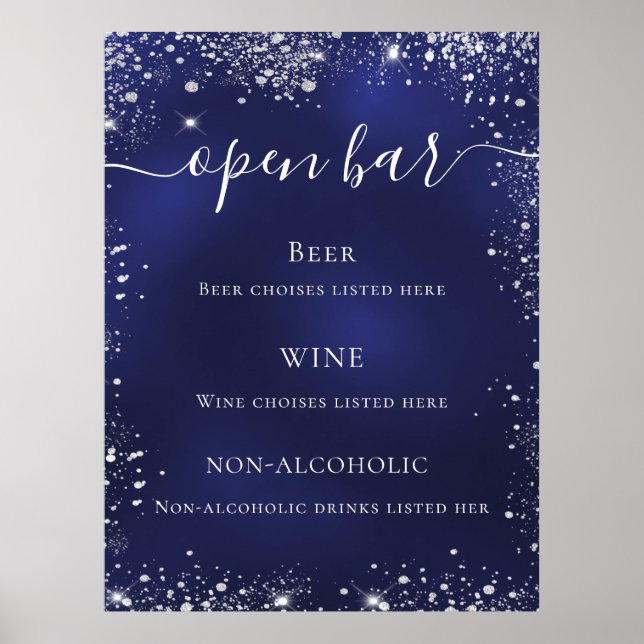 Navy blue silver glitter wedding bar menu poster (Front)