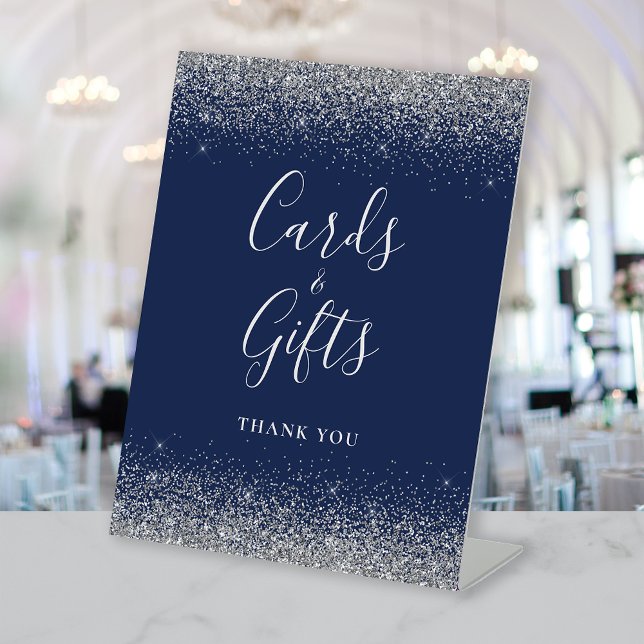 Navy Blue Silver Glitter Wedding Cards and Gifts Pedestal Sign (Creator Uploaded)