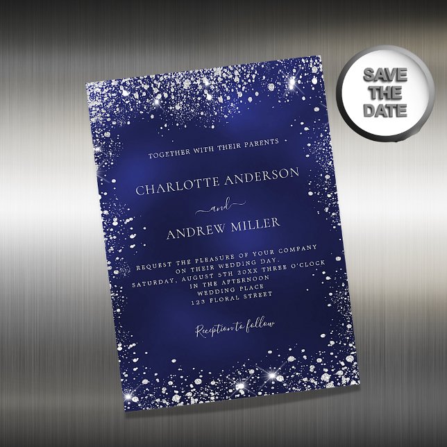 Navy blue silver glitter wedding invitation magnet (Creator Uploaded)