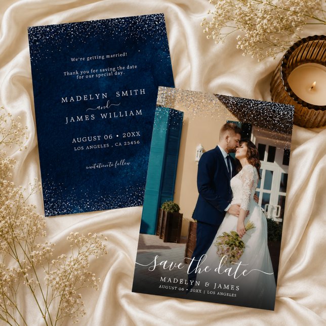 Navy Blue Silver Glitter Wedding Photo Save The Date (Creator Uploaded)