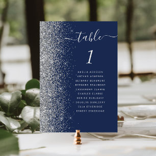 Navy Blue Silver Glitter Wedding Table Number