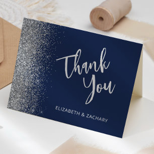 Navy Blue Silver Glitter Wedding Thank You Card