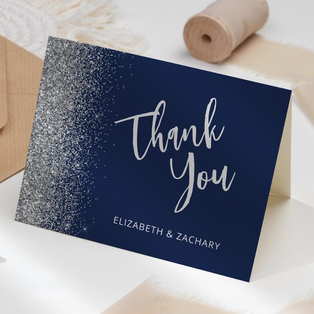 Navy Blue Silver Glitter Wedding Thank You Card (Creator Uploaded)