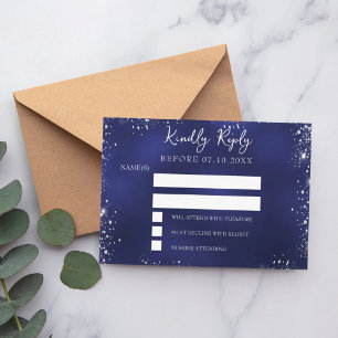 Navy blue silver glitter winter wedding RSVP Card