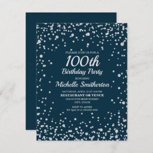 Navy Blue Silver Glitter Women 100th Birthday Card