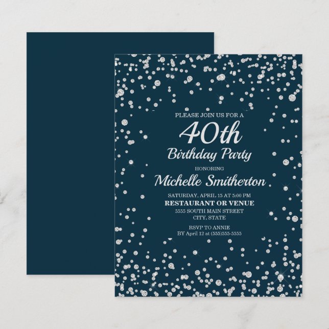 Navy Blue Silver Glitter Women 40th Birthday Card (Front/Back)