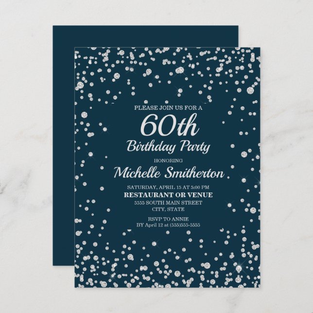 Navy Blue Silver Glitter Women 60th Birthday Card (Front/Back)