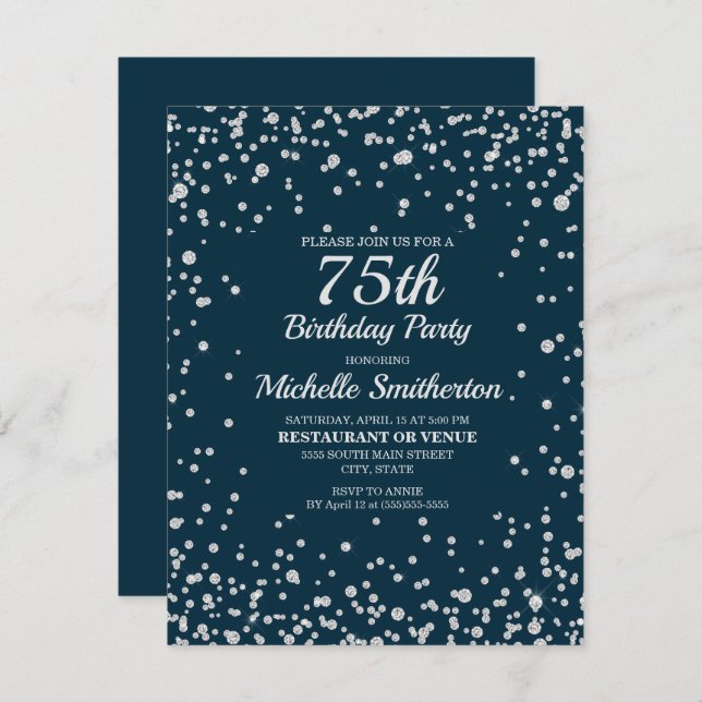 Navy Blue Silver Glitter Women 75th Birthday Card (Front/Back)