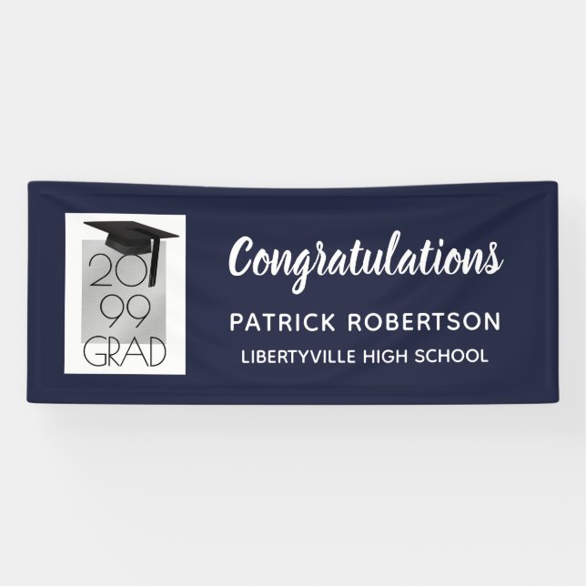 Navy Blue Silver GRAD | Custom Colour | Graduation Banner (Horizontal)