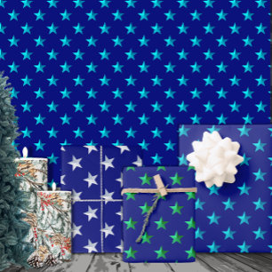 Navy Blue Silver Green Turquoise Blue Stars Wrapping Paper Sheet