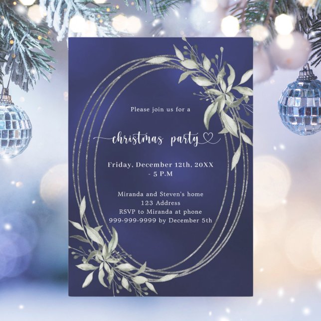Navy blue silver greenery Christmas Party Invitation (Creator Uploaded)
