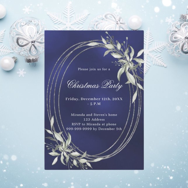 Navy blue silver greenery Christmas Party Invitation (Creator Uploaded)