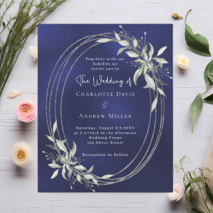 Navy blue silver greenery wedding invitation
