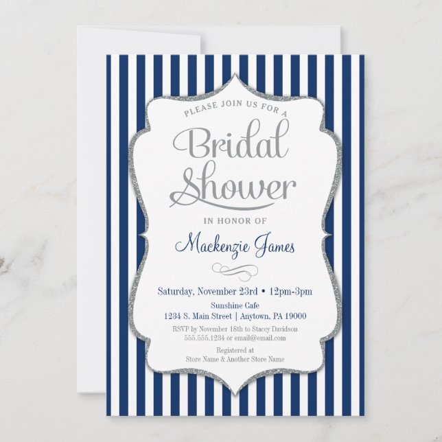 Navy Blue Silver Grey Bridal Shower Invitation (Front)