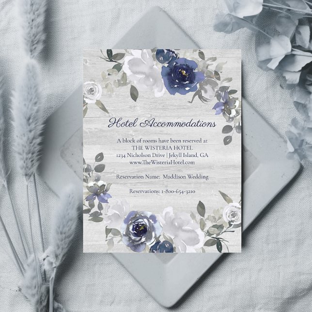 Navy Blue Silver Grey Floral Hotel Accommodations Enclosure Card (Creator Uploaded)