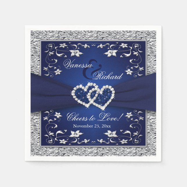 Navy Blue, Silver Grey Floral Paper Wedding Napkin (Front)