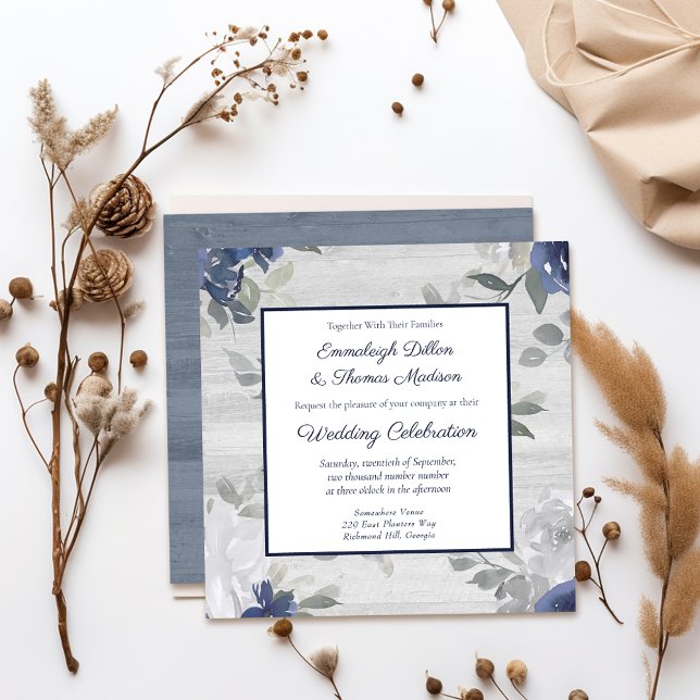 Navy Blue Silver Grey Floral Pattern Wedding Invitation (Creator Uploaded)