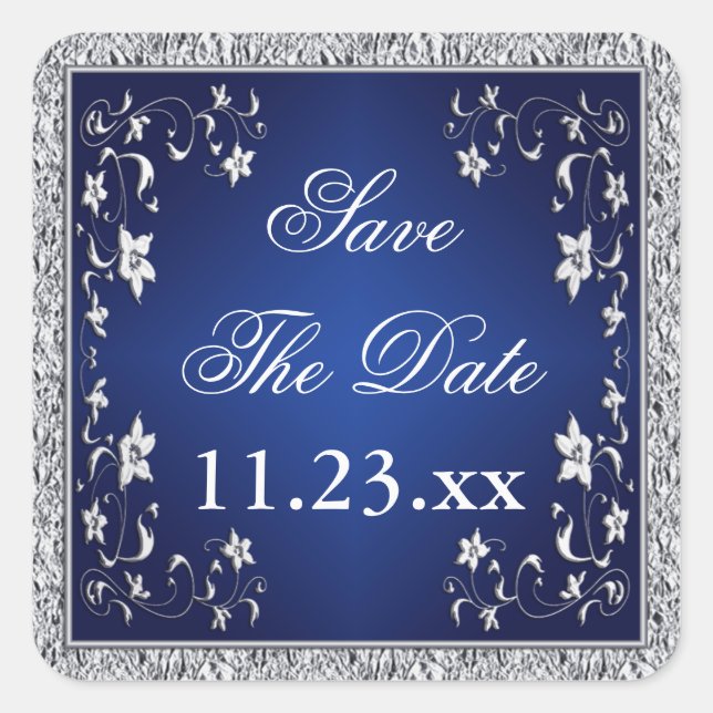 Navy Blue Silver Grey Floral Save The Date Sticker (Front)