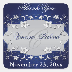 Navy Blue Silver Grey Floral Wedding Favour Sticke Square Sticker