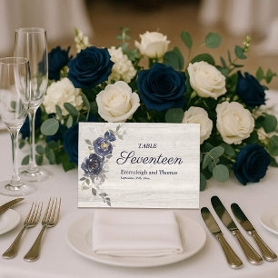 Navy Blue Silver Grey Floral Wedding Table Number