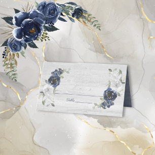 Navy Blue Silver Grey Watercolor Floral Wedding Place Card