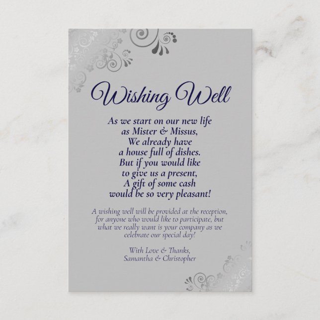 Navy Blue & Silver Grey Wedding Wishing Well Poem Enclosure Card (Front)