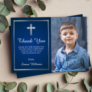 Navy Blue Silver Holy Communion Photo Thank You Card