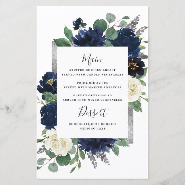 Navy Blue Silver Ivory Floral Wedding Menu Cards (Front)