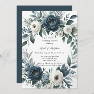Navy Blue & Silver Ivory Floral Wedding Shower Invitation