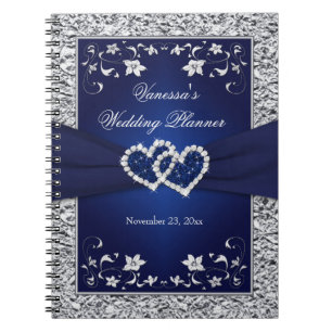 Navy Blue, Silver Joined Hearts Floral Notebook