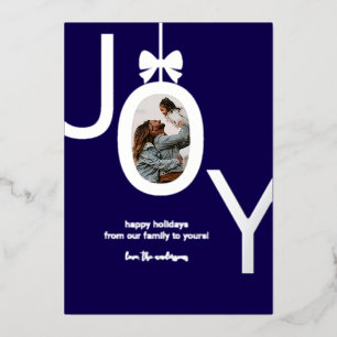 Navy Blue Silver JOY Real Foil Photo Holiday Card