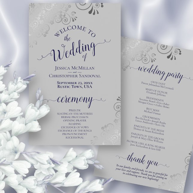 Navy Blue Silver Lace Budget Grey Wedding Program (Front and Back)