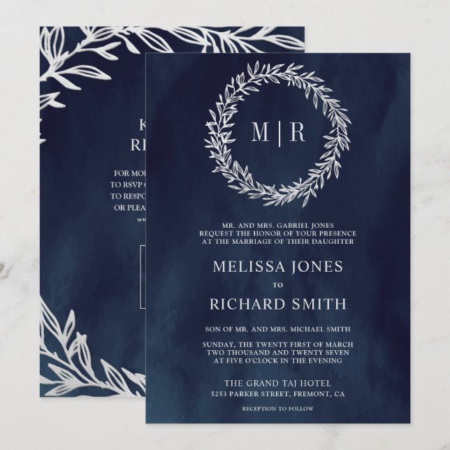 Navy Blue Silver Leaf Branch QR Code Wedding Invitation (Front/Back)