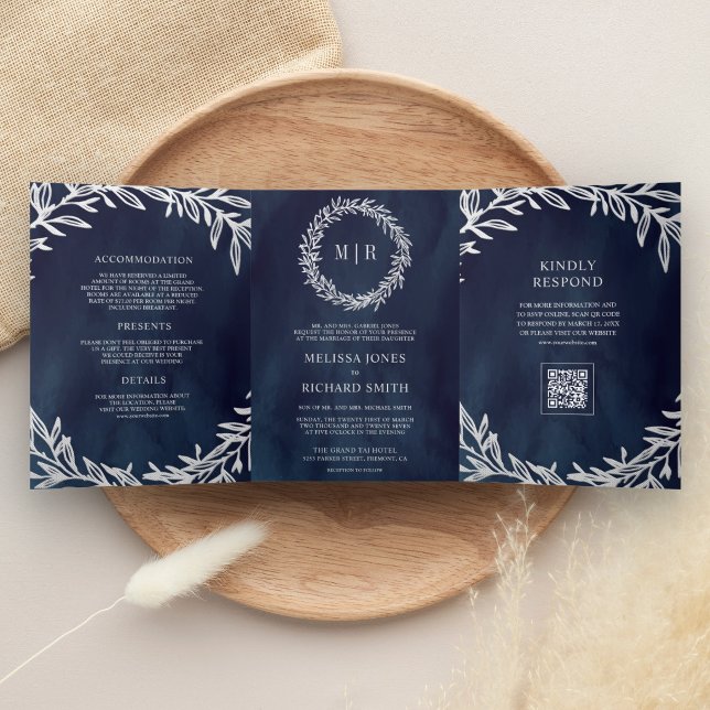 Navy Blue Silver Leaf Branch QR Code Wedding Tri-Fold Invitation (Creator Uploaded)