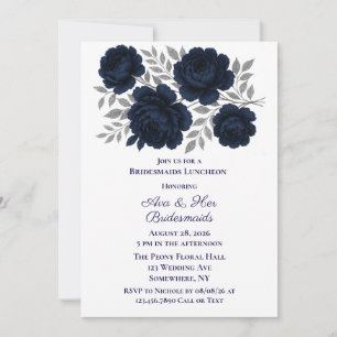 Navy Blue & Silver Leaves Bridesmaids Luncheon Invitation