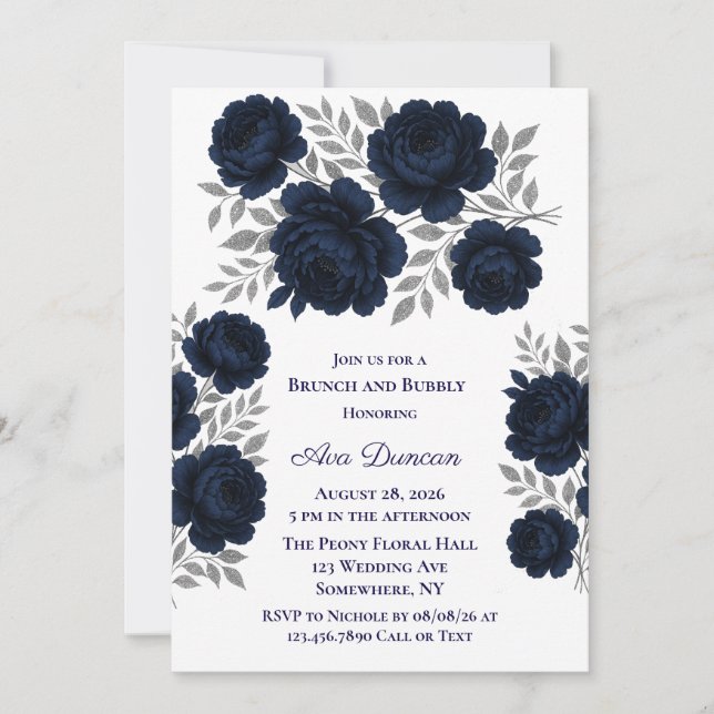 Navy Blue & Silver Leaves Brunch and Bubbly Invitation (Front)