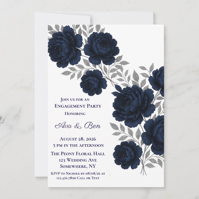 Navy Blue & Silver Leaves Engagement Party Invitation (Front)