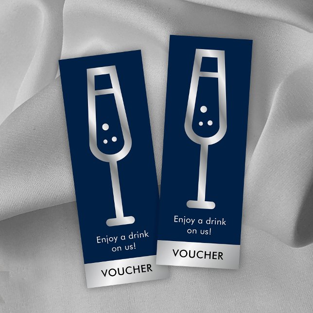 Navy Blue & Silver Logo Event Free Drink Voucher Mini Business Card (Blue and gold free drink voucher tickets with space for your logo and brand details)